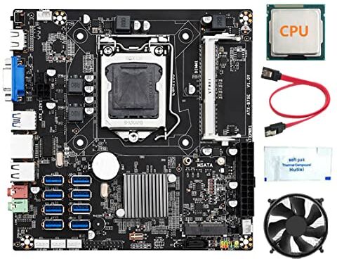 Evliery Scheda Madre B75E 8 Schede BTC Mining + CPU + Ventola CPU + Grasso Termico + SATA Chip B75 8 Porte USB 3.0 LGA1155 DDR3 RAM MSATA