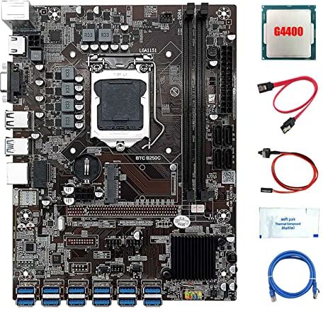 QWAMBVZE 1Set B250C 12USB BTC LGA1151 DDR4 Slot Scheda Madre+G4400 CPU+Grasso Termico+Cavo Interruttore+Cavo SATA+Rete RJ45