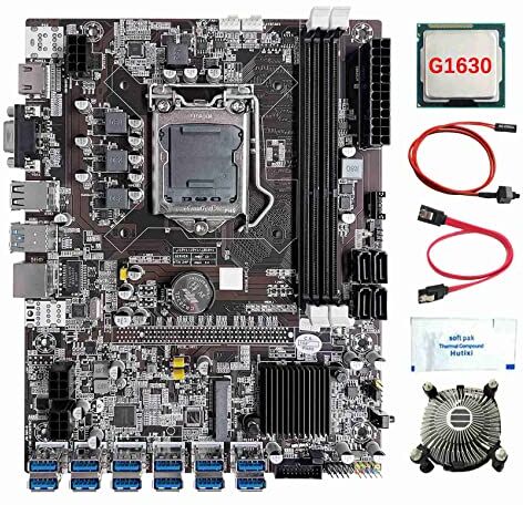 Yklhsocneg B75 12 Scheda BTC Mining Scheda Madre+G1630 CPU+Ventola+Grasso Termico+ SATA+Interruttore 12 Slot USB3.0 LGA1155 DDR3 MSATA