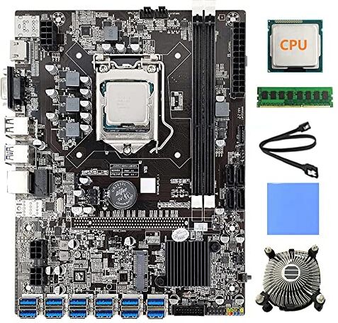 Vrttlkkfe Scheda MèRe 12 schede GPU B75 BTC Mining + CPU + ventilatore + cuscino termico + 4G DDR3 + cavo 12 USB3.0 (PCIE) LGA1155 DDR3 SATA3.0