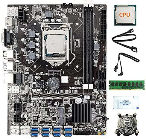 Qwertfeet Scheda MèRe MinièRe GPU B75 8 Schede + CPU + Ventilatore + Grasso Termico + 4G DDR3 RAM + 2 x Cavo SATA 8X USB3.0 (PCIE) LGA1155 DDR3 SATA3.0