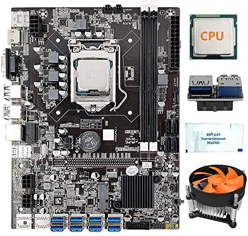 AMIUHOUN Scheda madre B75 8 Scheda Mining CPU+Fan+Grasso Termico+USB3.0 Adattatore 19-Pin 8 USB3.0 (PCIE) Slot GPU LGA1155 DDR3 SATA3.0