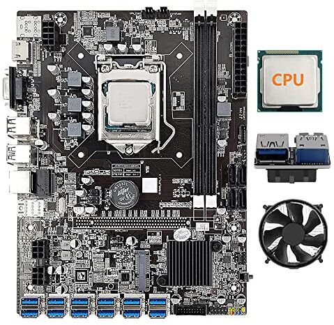 JAYU Scheda Madre B75 12 Schede BTC Mining+CPU+Ventola di Raffreddamento+Adattatore USB3.0 un 19 Pin 12 Slot per GPU USB3.0 (PCIE) LGA1155 DDR3 SATA3.0