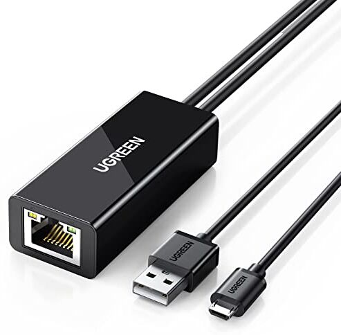 UGREEN Adattatore Micro USB a Ethernet RJ45, Adattatore di Rete 100Mbps Per Fire TV Stick 4K/3/2, Google Chromecast 3/Ultra/2/1/Audio, Adattatore Micro USB a Lan con Cavo di Alimentazione USB 2.0-1M