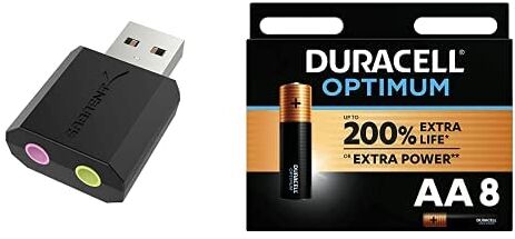 Sabrent Adattatore USB Audio Esterno Stereo per Windows e Mac, Plug & Play Nessun Driver Necessario, Nero, AU-MMSA + Duracell NUOVO Optimum AA, Batterie Stilo Alcaline, Confezione da 8, 1.5 V