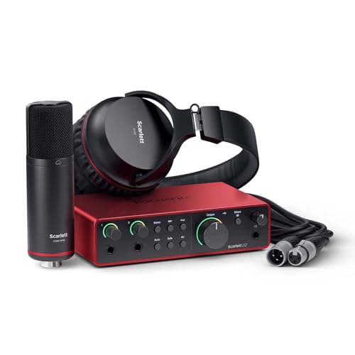 Focusrite Scarlett 2i2 Studio (4° gen.), pacchetto con interfaccia audio USB per cantautori, microfono a condensatore e cuffie, ideale per registrazioni, streaming e podcast