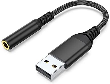 JeoPoom Adattatore Audio da USB a Jack 3,5 mm, Scheda Audio USB Esterna con Chip Integrato, per Cuffie, Pc, Laptop, Windows, Linux, Mac OS, Desktop, Ps4 (Nero)