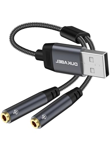DuKabel Scheda audio esterna USB da 0,3 m USB a 2 prese TRRS da 3,5 mm (audio + mic), splitter stereo audio Y, cavo adatto per PC, PS4, PS5, laptop, altoparlanti, cuffie – Top Series, D-USB352FHY-30H