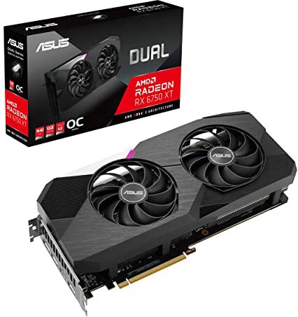 Asus Dual AMD Radeon RX 6750 XT OC Edition Scheda Grafica, AMD RDNA 2, PCIe 4.0, 12GB GDDR6, HDMI 2.1, DisplayPort 1.4a, Ventole Axial Tech, Doppi Cuscinetti a Sfera, Tecnologia 0dB, Nero