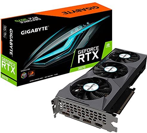 Gigabyte GV-N3070EAGLE-8GD 2.0 LHR version NVIDIA. 8 GB. GeForce RTX 3070. GDDR6. PCI-E 4.0 x 16. Processor frequency 1725 MHz. HDMI ports quantity 2. Memory clock speed 14000 MHz