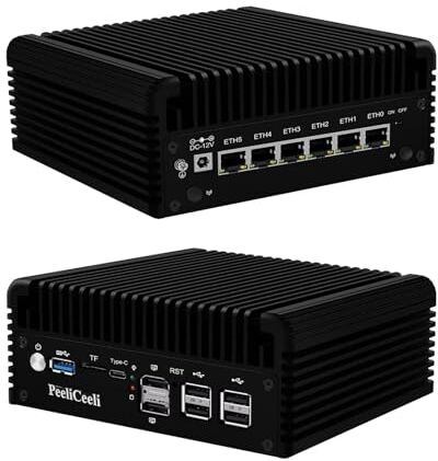 PeeliCeeli Firewall Micro Appliance, 12th Gen Core i3 N305 8C/8T Mini PC Fanless, DDR5 16GB RAM 256GB SSD, Support Pfsense, OPNsense, Router Computer, 6 x 2.5GbE I226-V, GPIO, TF, Type C