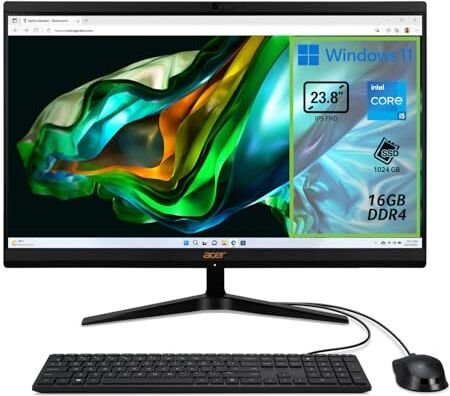 Acer Aspire C24-1800 Computer Fisso All in One, Pc Desktop, Processore Intel Core i5-12450H, Ram 16 GB DDR4, 1024 GB SSD, Display 23.8" IPS FHD LED LCD, Intel UHD, Wifi, Webcam, Windows 11 Home