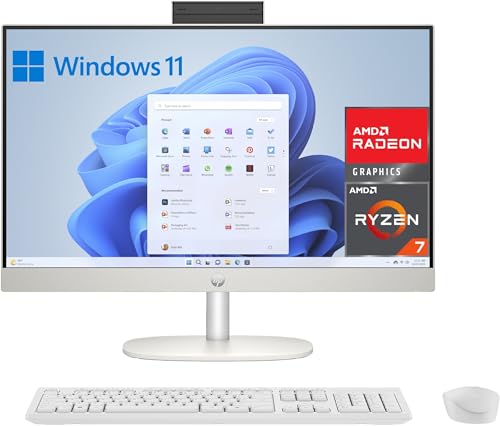 HP 27-cr0005ss Computer da 27" Full HD con fotocamera, tastiera e mouse wireless (AMD Ryzen 7 7730U, 16 GB RAM, 1 TB SSD, AMD Radeon Graphics, Windows 11) Bianco Tastiera QWERTY spagnola