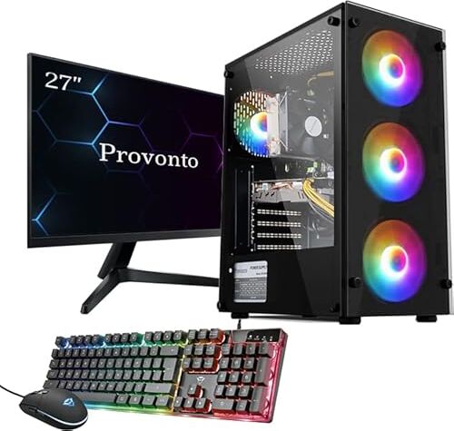 Provonto Mid-Range PC Pro Gamer Pack completo [Intel Xeon E5-2650 v4, AMD Radeon RX 580, 16 GB RAM, SSD 512 GB + Schermo 27" + Tastiera + Mouse] Fissa a basso costo Giochi Unità Centrale con Monitor