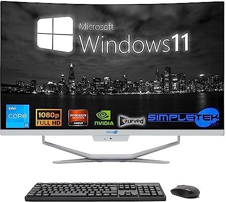 SIMPLETEK – Computer All in One 27" Curvo   Processore Intel i3 10 Gen   Scheda Video GT710 1GB   Windows 11   16GB RAM 480GB SSD   Ideale per Lavoro, Grafica