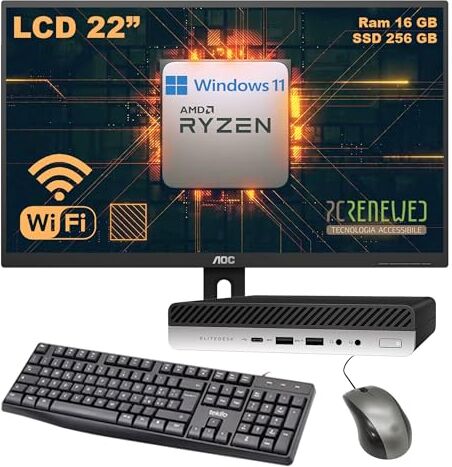 PCRENEWED TECNOLOGIA ACCESSIBILE PCrenewed Postazione Completa Mini PC Computer Desktop Windows 11 Pro + Office 2019, AMD Ryzen 5 Pro 2400GE 3.20 GHz, Ram 16GB DDR4 SSD 240GB Wi Fi Monitor 22 (Ricondizionato) (SSD 256 LCD 22)