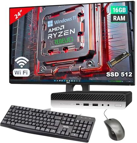 PCRENEWED TECNOLOGIA ACCESSIBILE PCrenewed Postazione Completa Mini PC Computer Desktop Windows 11 Pro + Office 2019, AMD Ryzen 5 Pro 2400GE 3.20 GHz, Ram 16GB DDR4 SSD 512GB Wi Fi Monitor 24 (Ricondizionato) (SSD 512 LCD 24)