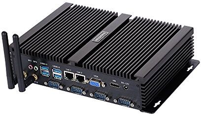 HUNSN Fanless Industrial PC, Mini Computer, Intel Celeron 1037U, Windows XP / 11 or Linux Ubuntu, IM02, WiFi, BT, VGA, HDMI, 2 x LAN, 4 x COM RS232, 4 x USB2.0, 4 x USB3.0, 4G RAM, 128G SSD