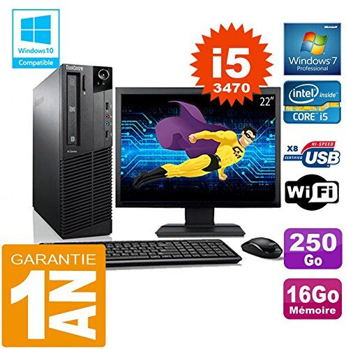 Lenovo PC M92p SFF Core I5-3470 RAM 16Go, disco 250 GB, Wifi W7, schermo 22" (rigenerato)