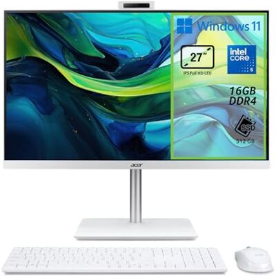Acer Aspire C27A-GRPL Computer Fisso All in One, Pc Desktop, Processore Intel Core 5 120U, Ram 16 GB DDR4, 512 GB SSD, Display 27" IPS FHD 120 Hz, Intel Graphics, WiFi 6, Webcam, Windows 11 Home Acer Aspire C27A-GRPL Computer Fisso All in One, Pc Desktop, Processore Intel Core 5 120U, Ram 16 GB DDR4, 512 GB SSD, Display 27" IPS FHD 120 Hz, Intel Graphics, WiFi 6, Webcam, Windows 11 Home