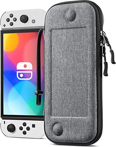 FINTIE Custodia per Nintendo Switch Modello OLED 7.0" / Switch 6.2" [Antiurto] Sottile Portatile di Borsa Protettiva con 10 Titolari per Schede di Gioco & Hand Strap, Grigio