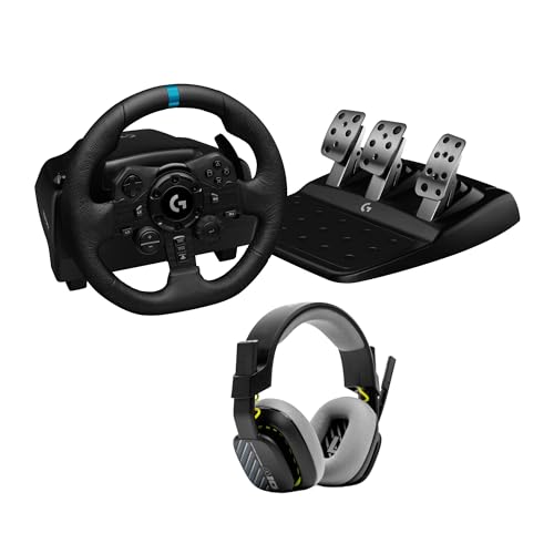 Logitech G G923 Volante da corsa e pedali, TRUEFORCE ritorno di forza dinamico, vera pelle + ASTRO A10 Gen 2 Cuffia con microfono cablata Per PS5, PS4 e PC, Mac Nero