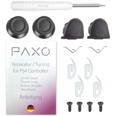 PAXO Set/kit di riparazione del controller PS4 per i pulsanti L2 e R2 e le bacchette per il pollice, incluse istruzioni dettagliate PAXO Set/kit di riparazione del controller PS4 per i pulsanti L2 e R2 e le bacchette per il pollice, incluse istruzioni dettagliate