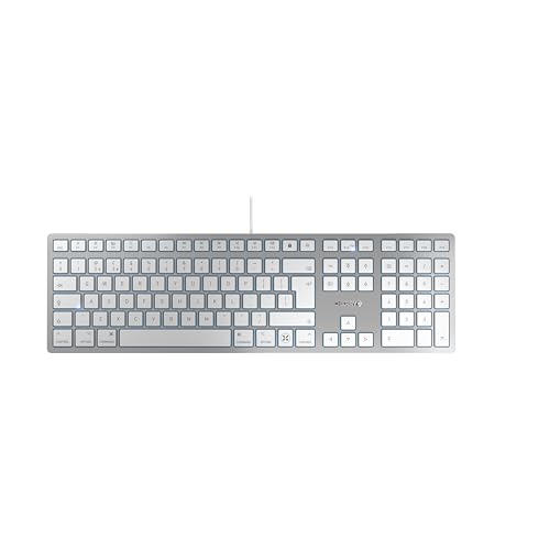 CHERRY KC 6000C FOR MAC, Tastiera Mac Con Filo (Porta USB-C), Layout per il Regno Unito (QWERTY), Tasti Silenziosi, Design Piatto, Bianco-Argento