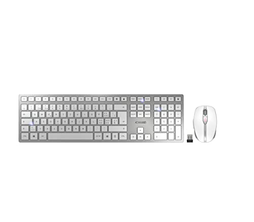 CHERRY DW 9100 SLIM, Set di Tastiera e Mouse Senza Fili, Layout per l'Unione Europea (QWERTY), Connessione Bluetooth e Wireless 2,4 GHz, Tasti Silenziosi, Design Piatto, Ricaricabile, Bianco-Argento