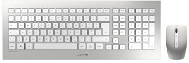 CHERRY DW 8000, Set di Tastiera e Mouse Senza Fili, Layout per la Spagna (QWERTY), Alimentazione a Batteria, Tastiera ultrapiatta, Mouse a 3 Pulsanti con Sensore a Infrarossi, Bianco-Argento