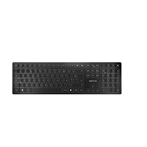 CHERRY KW 9100 SLIM, Tastiera di design Senza Fili, Layout per la Francia (AZERTY), A scelta Connessione Bluetooth o Wireless 2,4 GHz, Tasti Piatti, Ricaricabile, Nero-Grigio