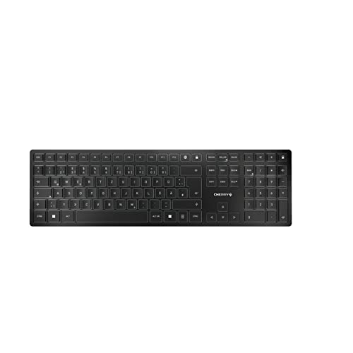 CHERRY KW 9100 SLIM, Tastiera di design Senza Fili, Layout per la Germania (QWERTZ), A scelta Connessione Bluetooth o Wireless 2,4 GHz, Tasti Piatti, Ricaricabile, Nero-Grigio