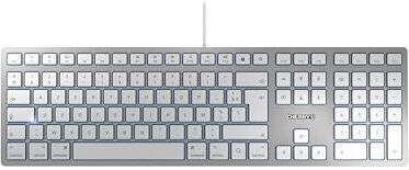 CHERRY KC 6000 SLIM FOR MAC, Tastiera Mac Con Filo (Porta USB-A), Layout per la Francia (AZERTY), Tasti Silenziosi, Design Piatto, Bianco-Argento