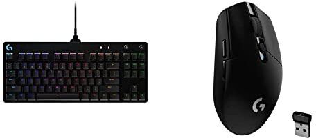 Logitech PRO TKL Tastiera Gaming Meccanica, GX Blue Clicky Switch, LIGHTSYNC RGB, Design Portatile Tenkeyless & 305 LIGHTSPEED Mouse Gaming Wireless, Sensore 12K HERO, 12.000 DPI, Design Leggero