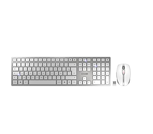 CHERRY DW 9100 SLIM, Set di Tastiera e Mouse Senza Fili, Layout per il Belgio (AZERTY), Connessione Bluetooth e Wireless 2,4 GHz, Tasti Silenziosi, Ricaricabile, Bianco-Argento