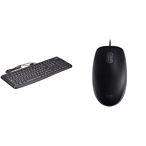 Logitech K120 Tastiera Cablata, Layout UK ‎Qwerty, Nero & B110 Mouse USB cablato, pulsanti silenziosi, design confortevole per l'uso a grandezza naturale, PC/Mac/Laptop ambidestro Grigio