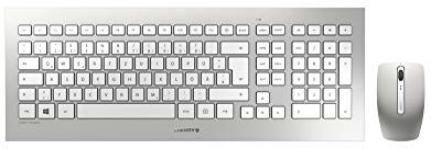 CHERRY DW 8000, Set di Tastiera e Mouse Senza Fili, Layout per la Germania (QWERTZ), Alimentazione a Batteria, Tastiera ultrapiatta, Mouse a 3 Pulsanti con Sensore a Infrarossi, Bianco-Argento