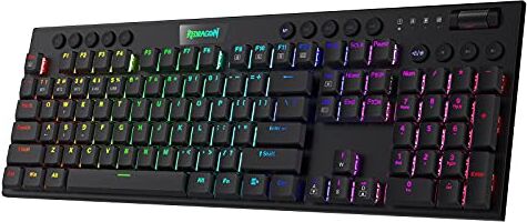 Redragon K618 Tastiera Meccanica Wireless RGB, Bluetooth/2.4Ghz/Cablata Tastiera da Gioco a Basso Profilo Connessione Cordless, Controllo Multimediale Dedicato e Interruttore Blu Tattile