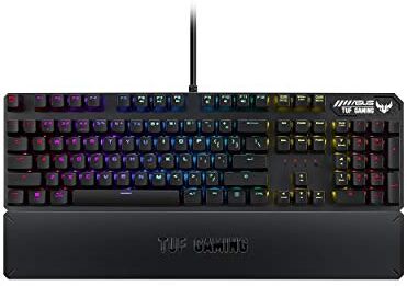 Asus TUF Gaming K3 Tastiera Gaming USB, Meccanica, Switch Kailh Rossi, Illuminazione RGB, N-Key Rollover, Porta USB, 8 Tasti Programmabili, Top in Allumininio, Poggiapolsi, Layout Italia, Nero