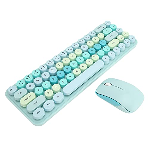 Luqeeg Combo Tastiera e Mouse USB, Tastiera Wireless 2.4G con Copritasti Circolari retrò, Mouse Tastiera da Gioco a 68 Tasti per Laptop, 3 DPI Regolabili, Design a Macchina da Scrivere (Colore misto blu)