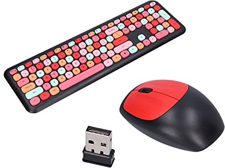 ZJchao TASTIERA E MOUSE USB WIRELESS MULTICOLORE PER COMPUTER, KIT DIGITAZIONE UFFICIO 110 TASTI STILE RETRO (#1)