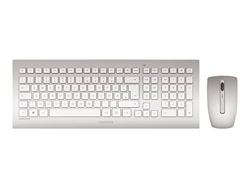 CHERRY DW 8000, Set di Tastiera e Mouse Senza Fili, Layout per la Svizzera (QWERTZ), Alimentazione a Batteria, Tastiera ultrapiatta, Mouse a 3 Pulsanti con Sensore a Infrarossi, Bianco-Argento