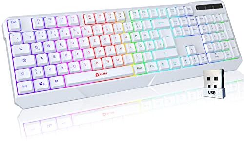 KLIM Chroma Tastiera da gaming senza fili QWERTZ tedesco + durevole, ergonomica, impermeabile, silenziosa + tastiera RGB senza fili per PC PS4 Mac + nuova versione 2024 + bianco