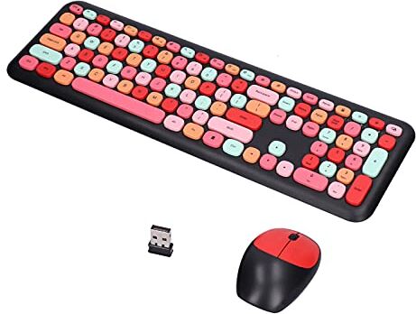 ciciglow Tastiera Mouse Combo, 110 Tasti Multi Color Mute Cover Wireless Keyboard And Mouse Set 2.4G Wireless 1200 DPI Set di Tastiere per L'home Office(Colore misto nero)