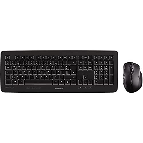 CHERRY DW 5100, Set di Tastiera e Mouse Senza Fili, Layout per il Regno Unito, Tastiera QWERTY, Alimentazione a Batteria, Robusta Tastiera Professionale, Mouse Ergonomico a 6 Pulsanti, Nero