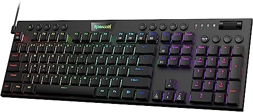 Redragon Tastiera meccanica K619 Horus RGB, tastiera da gioco cablata dal design ultra sottile con tasti a basso profilo, controllo multimediale dedicato e interruttori blu clicky, software Pro