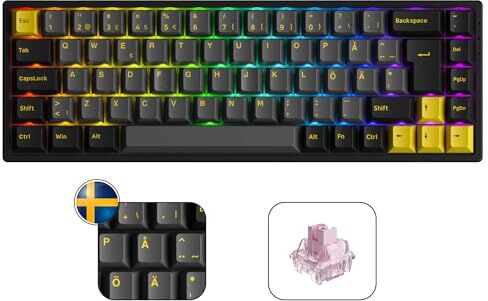 Akko 3068B Plus Tastiera da gioco meccanica RGB, layout ISO-DE/Nordico, 3 modalità (BT5.0/2.4Ghz/Tipo C) Mini tastiera compatta con Hotswap, tasti Cherry PBT, programmabile (Jelly Rosa)