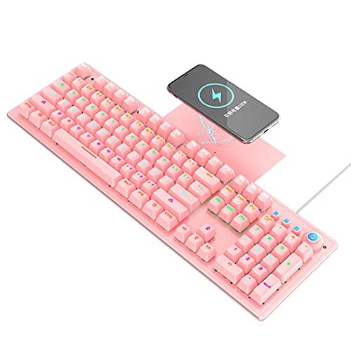 Worparsen Tastiera meccanica colorata K118,Tastiera da gioco cablata con asse verde a 104 tasti, tastiera ad alta efficienza con risposta rapida, colore rosa