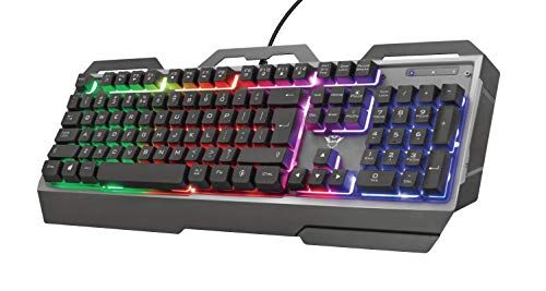 Trust GXT 856 Torac Metallene Gaming Tastiera US Layout, layout originale, illuminazione LED multicolore, anti-ghosting, 12 tasti multimediali, PC/Laptop