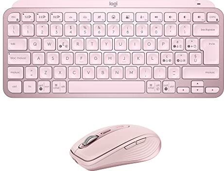 Logitech MX Keys Mini Tastiera + MX Anywhere 3 Mouse Wireless Combo Tasti Retroilluminati, USB-C, Bluetooth, Compatto ed Ergonomico, Scroll Rapido, Compatibile Multi-OS, PC / Mac Rosa